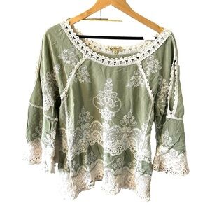 Boho Lace Trim Olive Green Women's Top